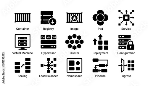 Set of black icons representing container services and cloud infrastructure concepts