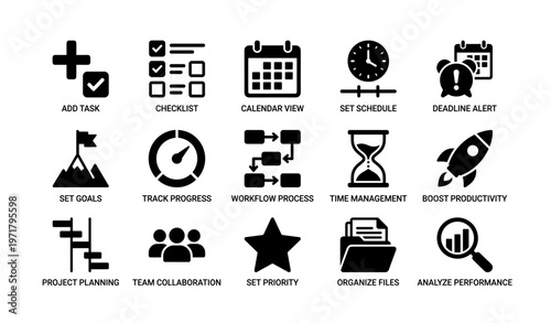 Workflow and productivity icons set: deadline, goals, team collaboration, time management