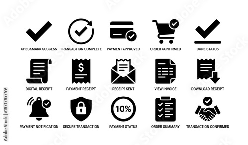 E-commerce icons: order, payment, receipt, secure transaction, invoice