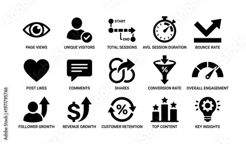 Analytics dashboard icons: engagement, views, growth, conversion, retention