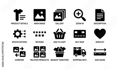 E-commerce icons: shopping cart, wishlist, zoom, reviews, shipping info