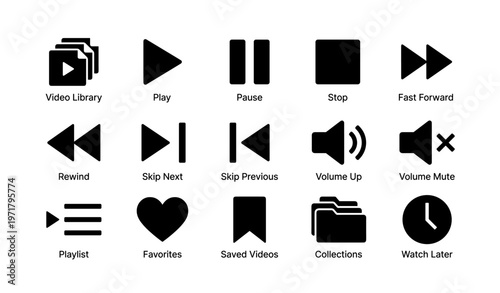 Set of media player icons including play, pause, and volume controls