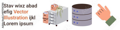 Data organization, digital storage, office management, workflow efficiency, tech solutions, recordkeeping. A file cabinet, database server and a pointing hand. Data organization and digital storage
