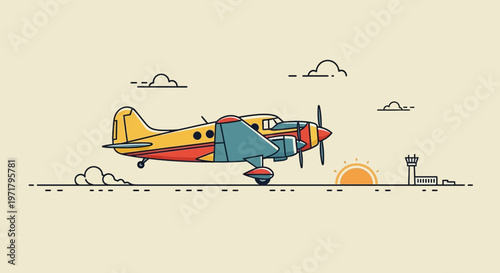 Vintage Airplane Taxiing on Tarmac at Sunrise with Control Tower