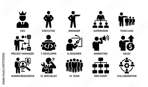 Business roles and leadership icons set with organizational structure