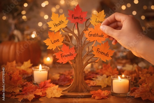Autumnal thanksgiving decoration with hand holding leaf candles and pumpkins in warm lighting