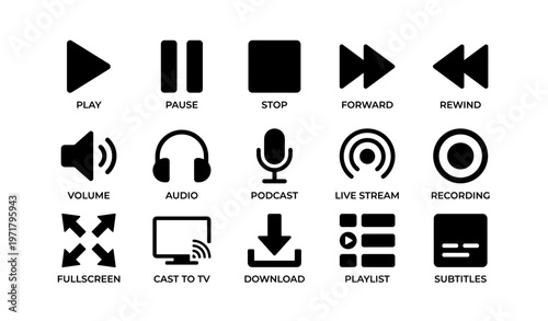 Play pause stop forward icons for media control and streaming interfaces