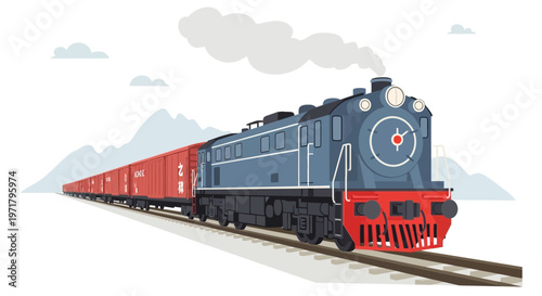 Vintage Blue Steam Locomotive pulling red freight train on tracks with mountains background