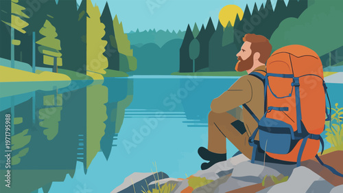 Man sits by a calm lake with a backpack while enjoying the view of trees and mountains at sunset