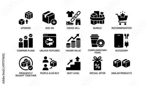 E-commerce icons for products and promotions including bundles and recommendations