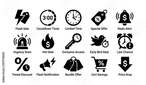 Icon set for flash sales and discounts: urgency, time, deals, offers, savings