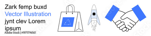 Business collaboration, online shopping, innovation, marketing, startups, partnerships. A paper bag, a rocket and a handshake in clean minimal icons. Business collaboration and innovation concept