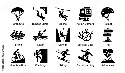Adventure icons: parachute, zipline, kayak, and more outdoor activities