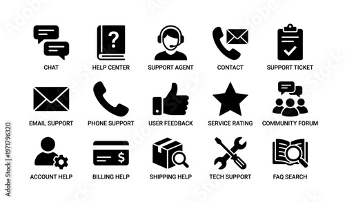 Customer service icons collection: support, email, help center, billing, technical assistance