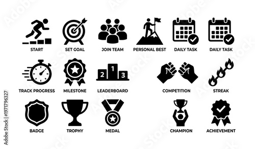 Icons for goal setting and achievement tracking with trophies and medals