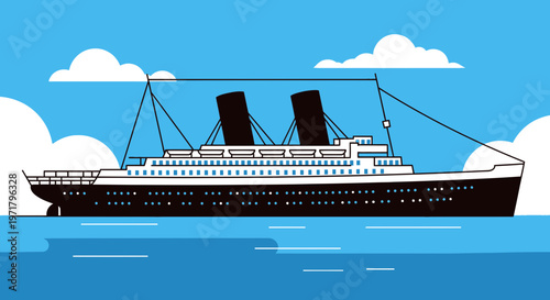 Vintage Ocean Liner Ship Sailing on Blue Water with Clouds