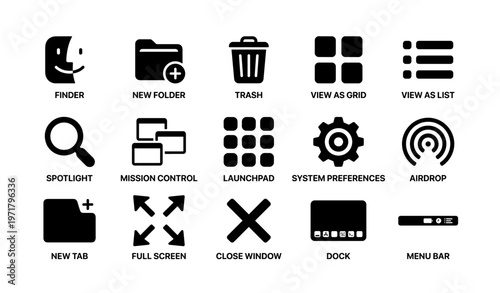 Set of black apple icons: finder, folder, trash, spotlight, launchpad, dock, menu