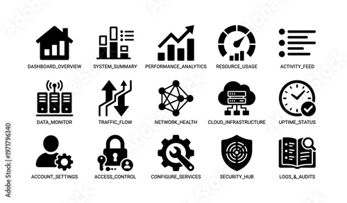 Icons for dashboard overview and system analytics visualization