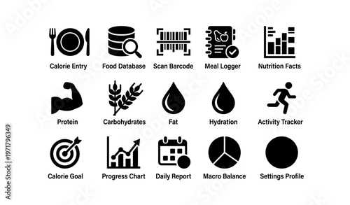 Fitness and nutrition tracker icons: calorie, protein, hydration, activity, progress