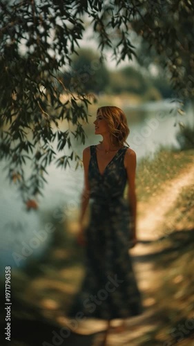 Woman standing by serene lake.