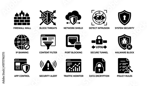 Cybersecurity symbols: firewall, vpn, encryption, network shield, malware block