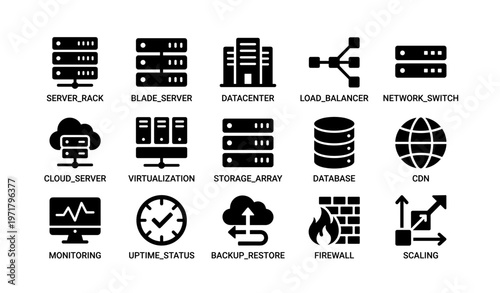 It infrastructure icons: server rack, datacenter, load balancer, cloud server, firewall