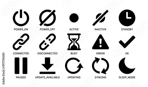Set of 16 black and white icons indicating device status and functions