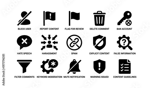 Social media moderation icons: user blocking, reporting, filtering, security alerts