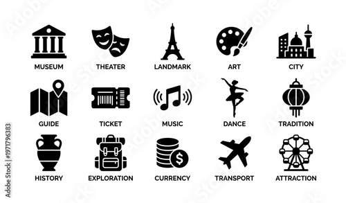 Icon set representing cultural themes: museum, theater, landmark, art, music, dance, and more