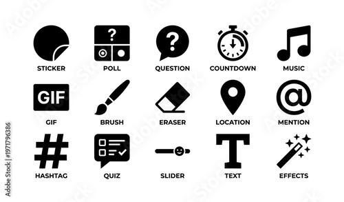 Social media icon set featuring sticker, poll, countdown, and music symbols