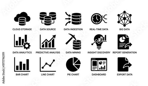Data management icons featuring charts, analytics, and big data elements
