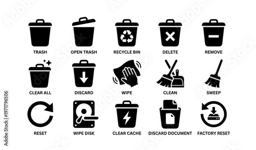 Trash and cleaning icons: recycle, delete, wipe, reset, factory reset, clear cache