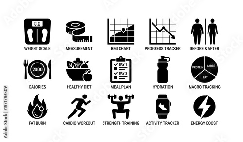 Fitness icon set featuring diet plans, workouts, and tracking tools