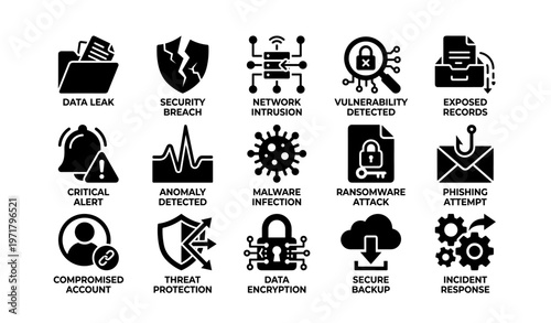 Cybersecurity icon set: data leak, threat protection, network intrusion, secure backup