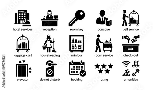 Hotel icons: services, check-out, room keys, housekeeping, amenities