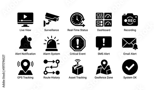 Security and monitoring icons: surveillance, alerts, tracking, system status