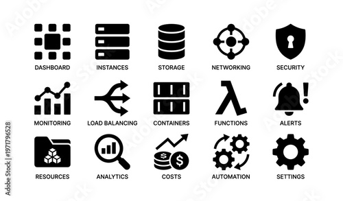 Tech icons set: dashboard, security, automation, analytics, networking
