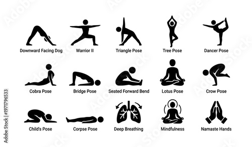 Yoga poses and symbols collection for mindfulness practice