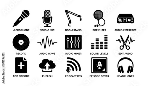 Audio equipment icons: microphone, studio mic, boom stand, pop filter, audio interface, recording tools