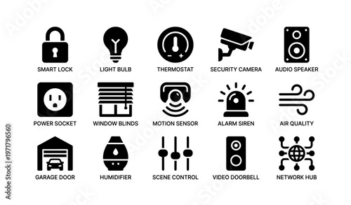 Smart home technology icons featuring security, climate, and entertainment devices