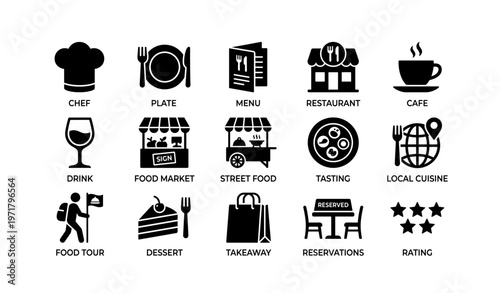 Icons representing various aspects of food and dining including chef, menu, and takeaway