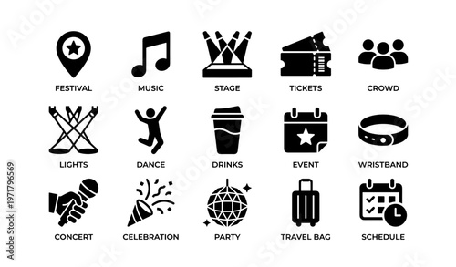 Event icons: festival, music, stage, dance, celebration, travel