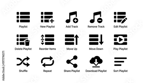 Music playlist icons: edit, shuffle, share, download, sort