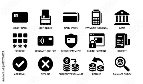 Credit card payment icons: secure transaction, contactless payment, currency exchange