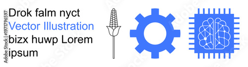 Agricultural innovation, AI technology, automation, digital farming, smart industry, productivity tools. Corn plant, gear AI brain circuit linked visually. Agricultural innovation and AI technology