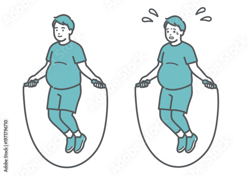 笑顔で縄跳びをするぽっちゃり男性と辛そうにするぽっちゃり男性の比較セットイラスト