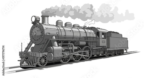 Vintage Steam Locomotive Train on Tracks, Monochrome Illustration