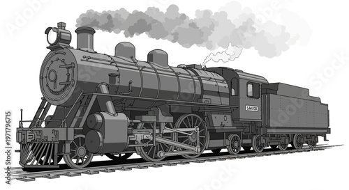 Vintage Steam Locomotive Train on Tracks, Emitting Smoke