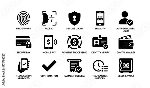 Secure digital identity and payment icons for authentication and verification