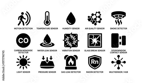 Smart home sensors: motion, temperature, humidity, air quality, smoke detection icons